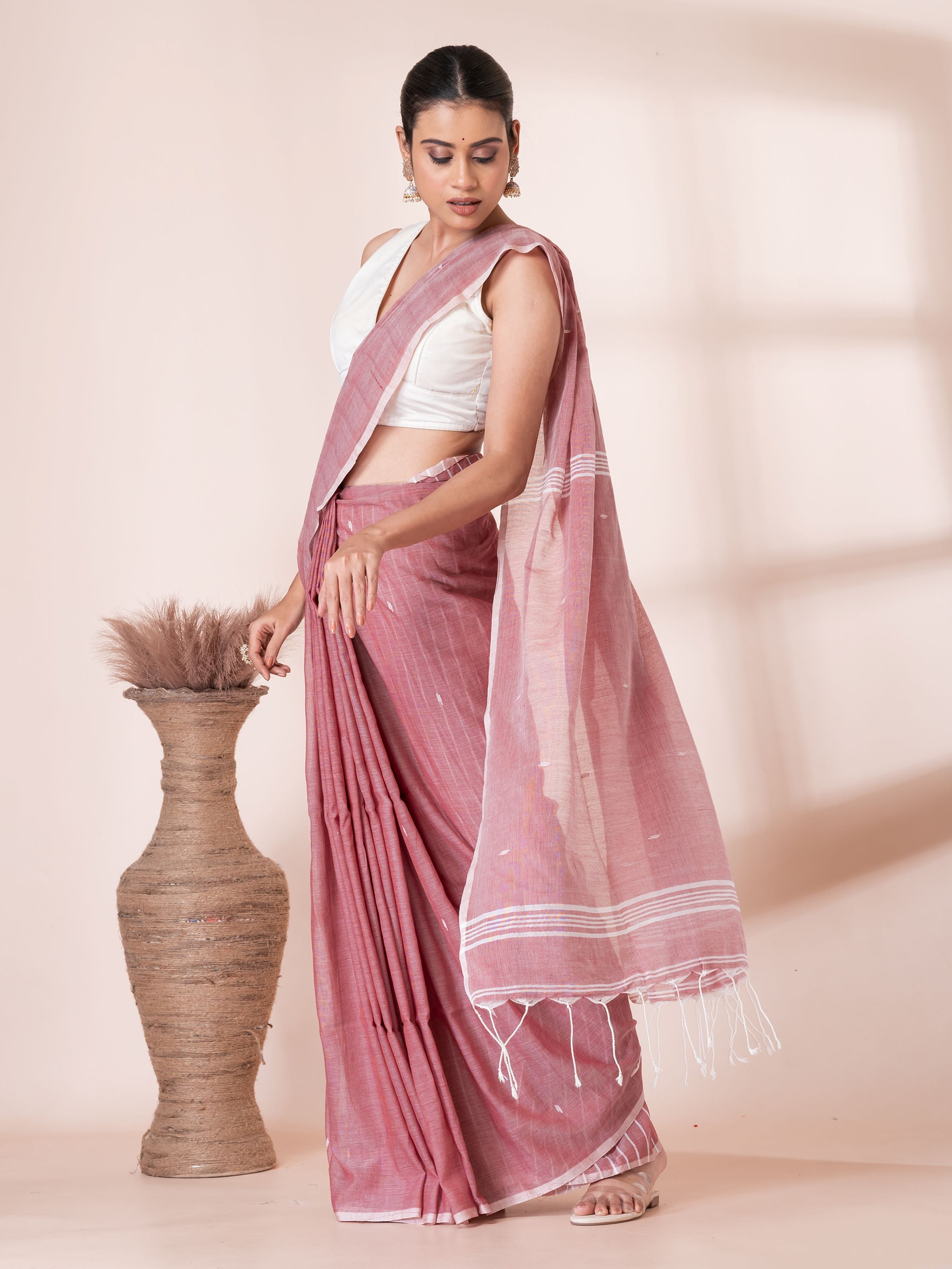 Onion Color with White Butis Cotton Saree