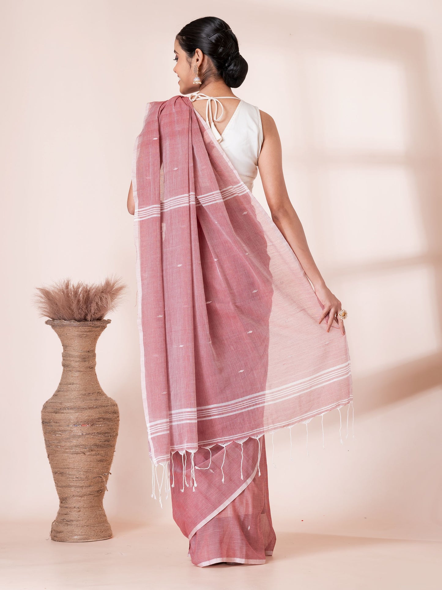 Onion Color with White Butis Cotton Saree
