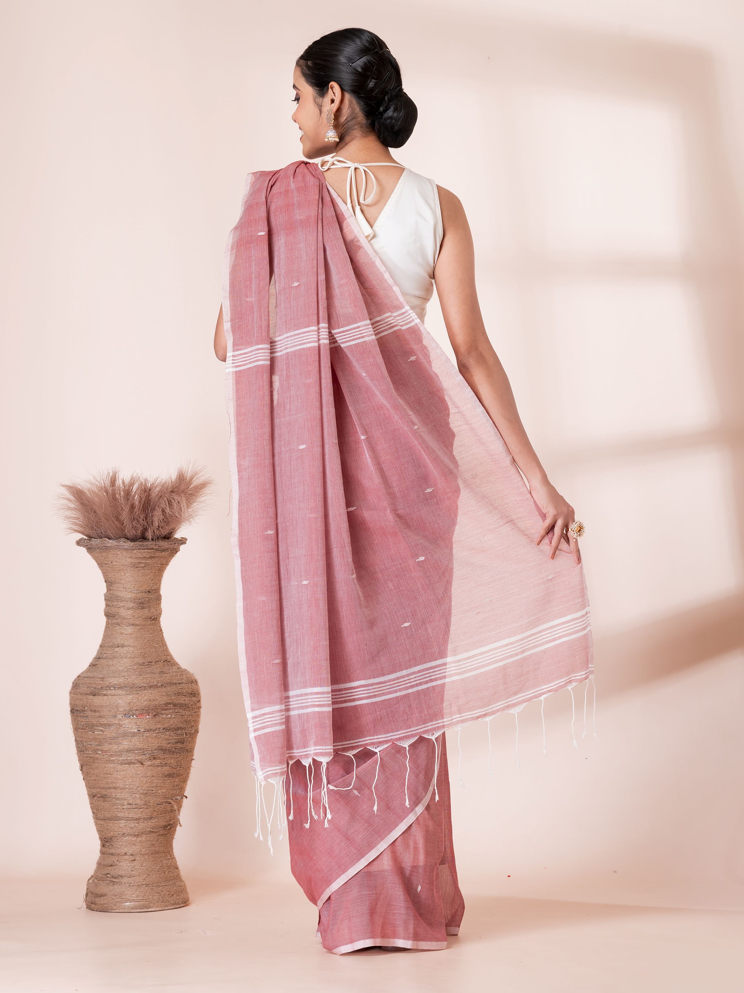 Onion Color with White Butis Cotton Saree