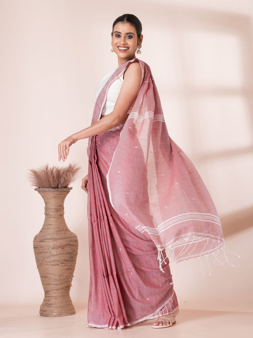 Onion Color with White Butis Cotton Saree