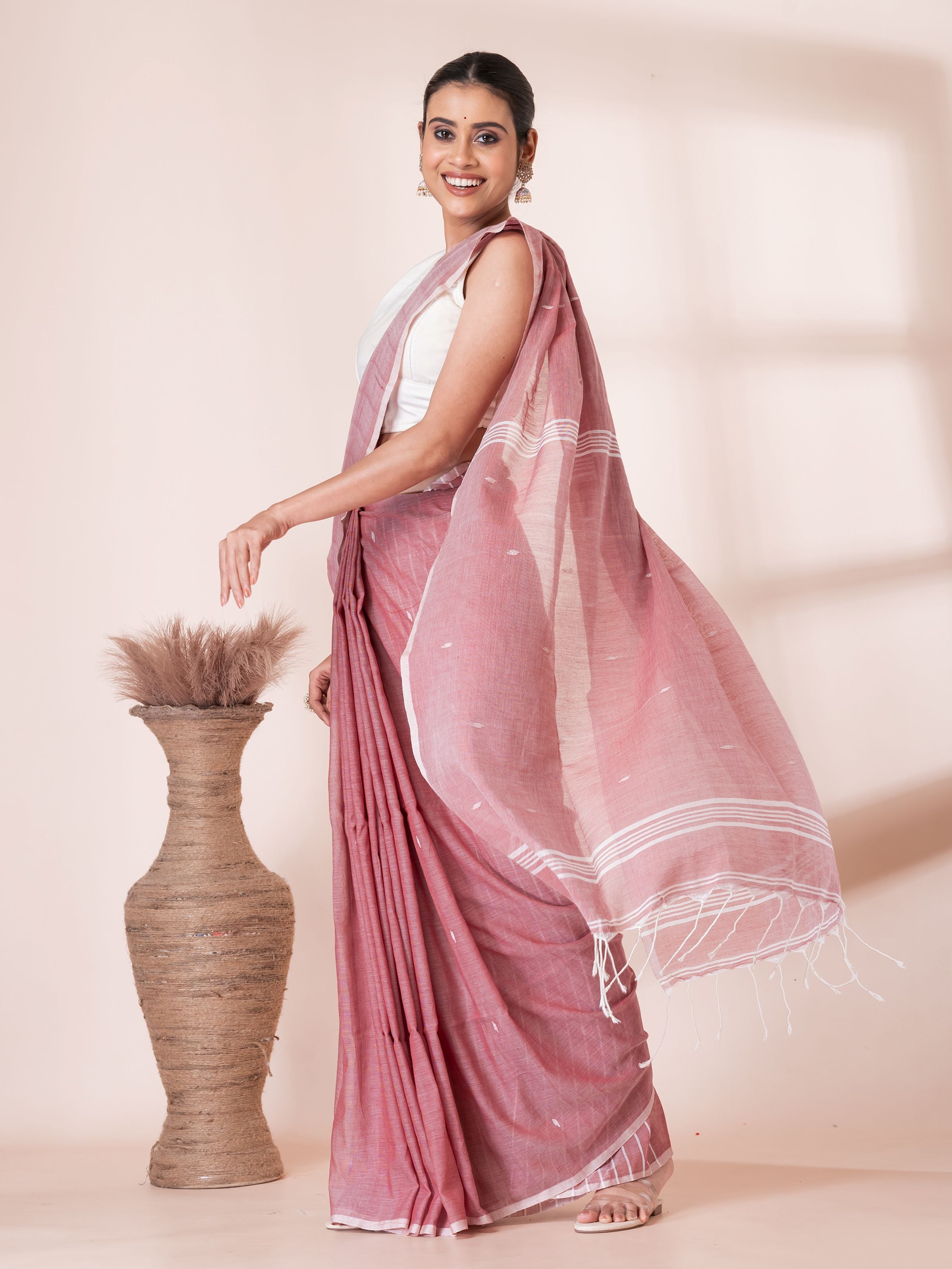 Onion Color with White Butis Cotton Saree
