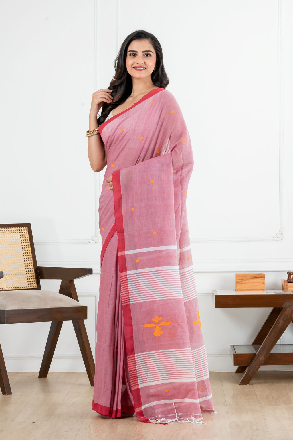 Premium Handloom Onion Colour with Yellow Motifs Cotton Saree