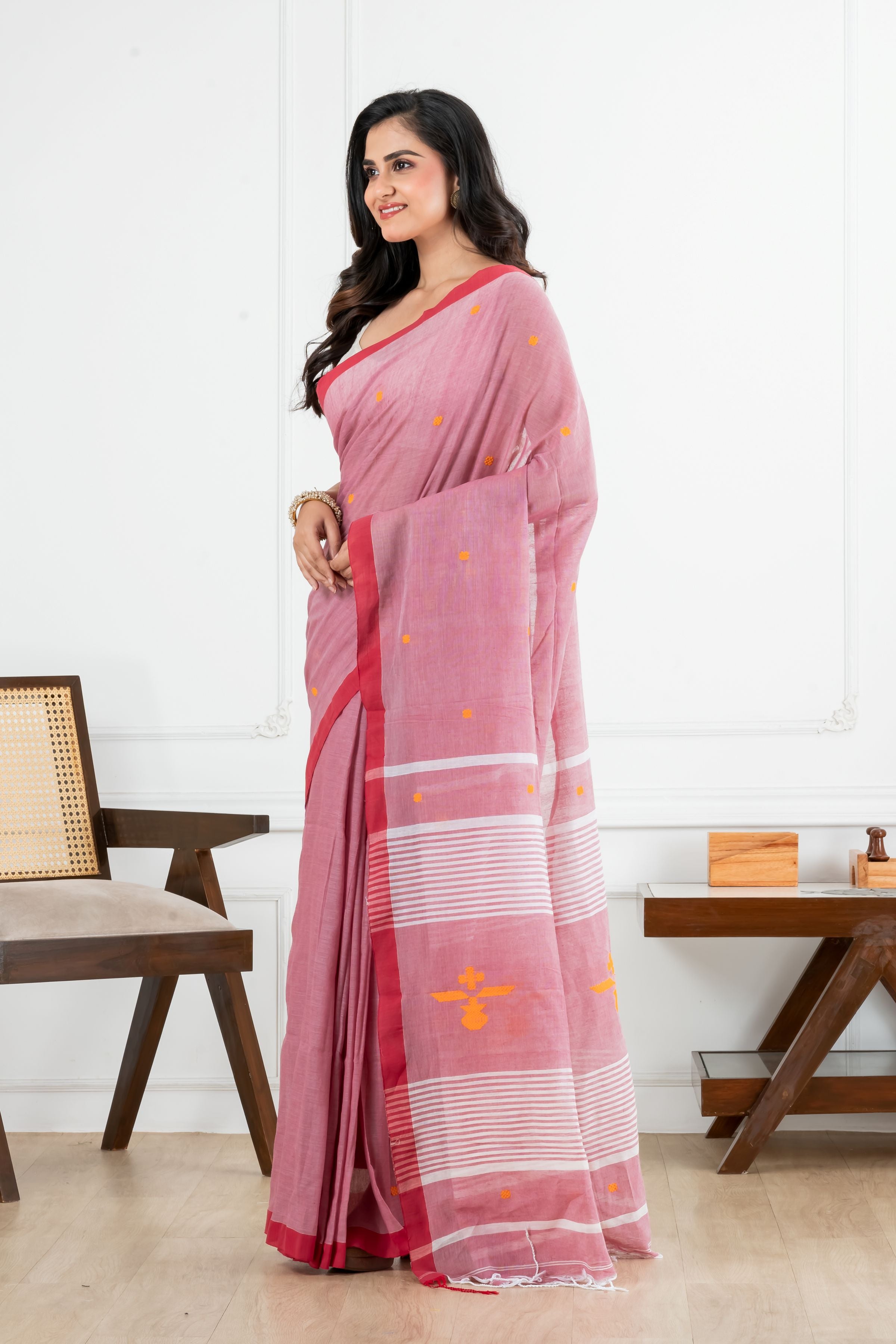 Premium Handloom Onion Colour with Yellow Motifs Cotton Saree