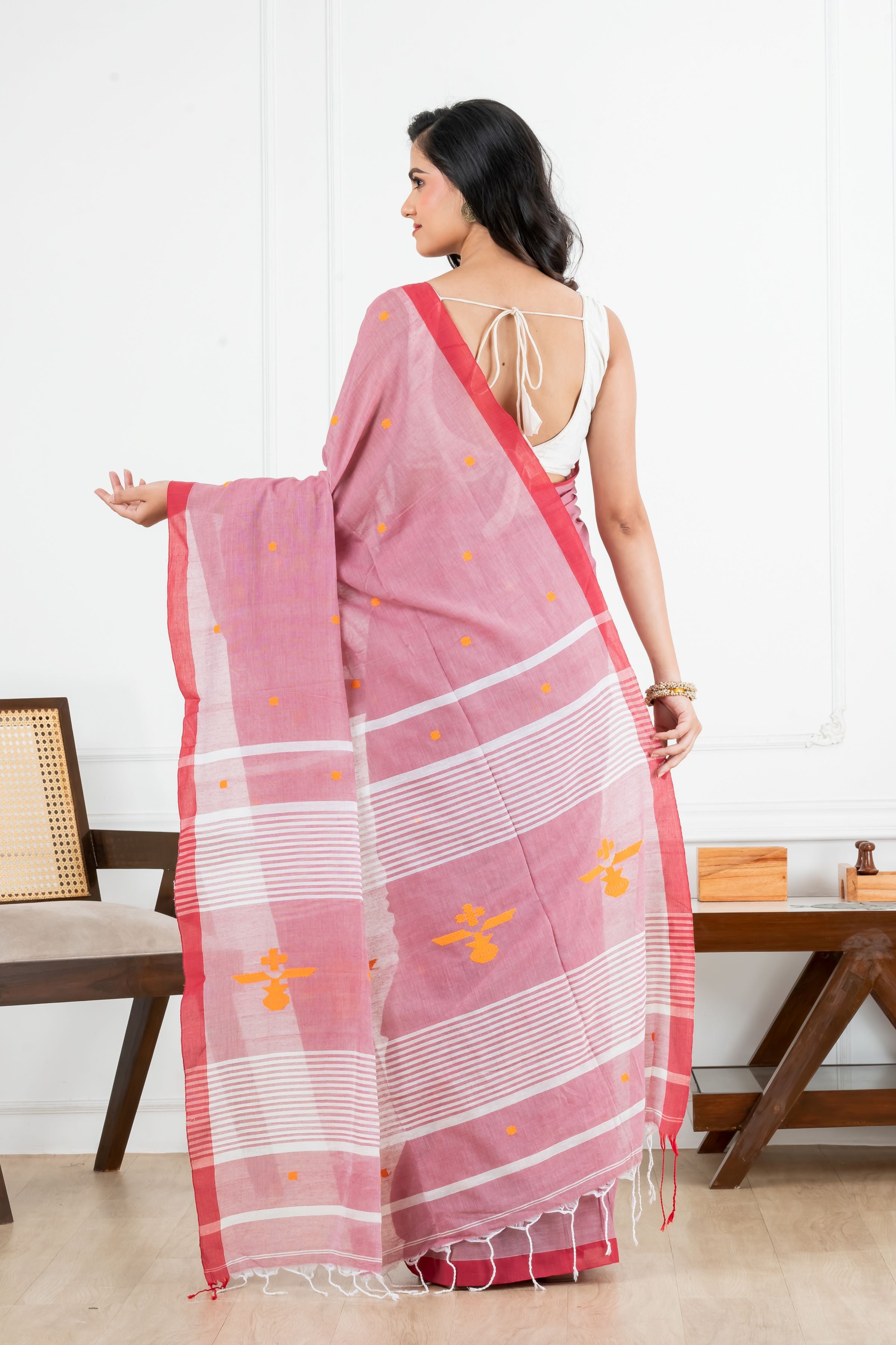 Premium Handloom Onion Colour with Yellow Motifs Cotton Saree