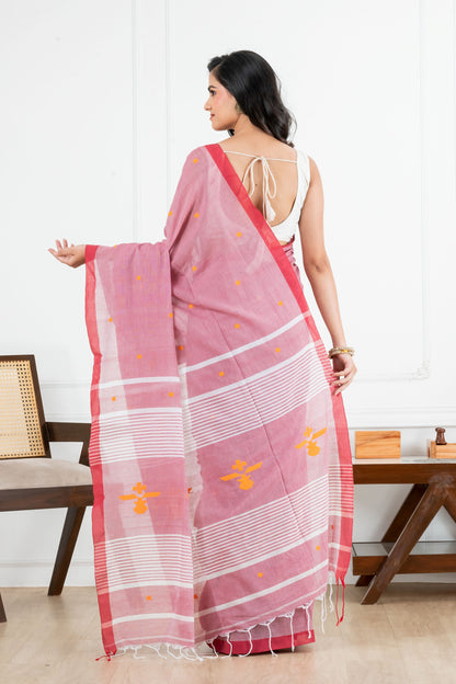 Premium Handloom Onion Colour with Yellow Motifs Cotton Saree