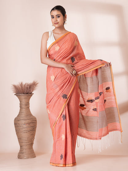 Peach Jamdani Handloom Premium Cotton Saree