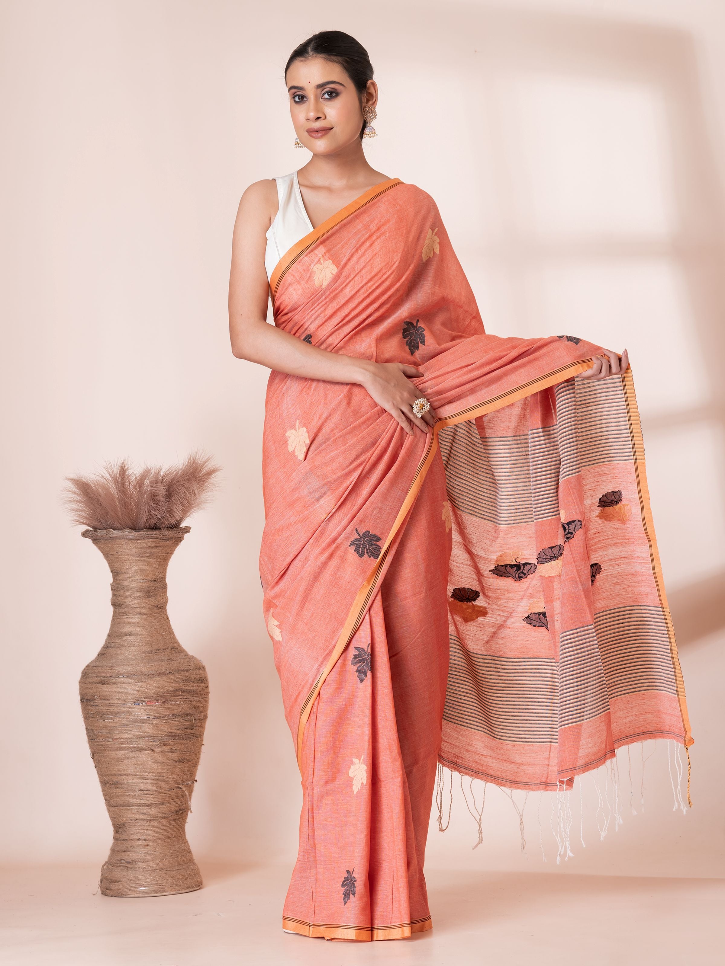 Peach Jamdani Handloom Premium Cotton Saree