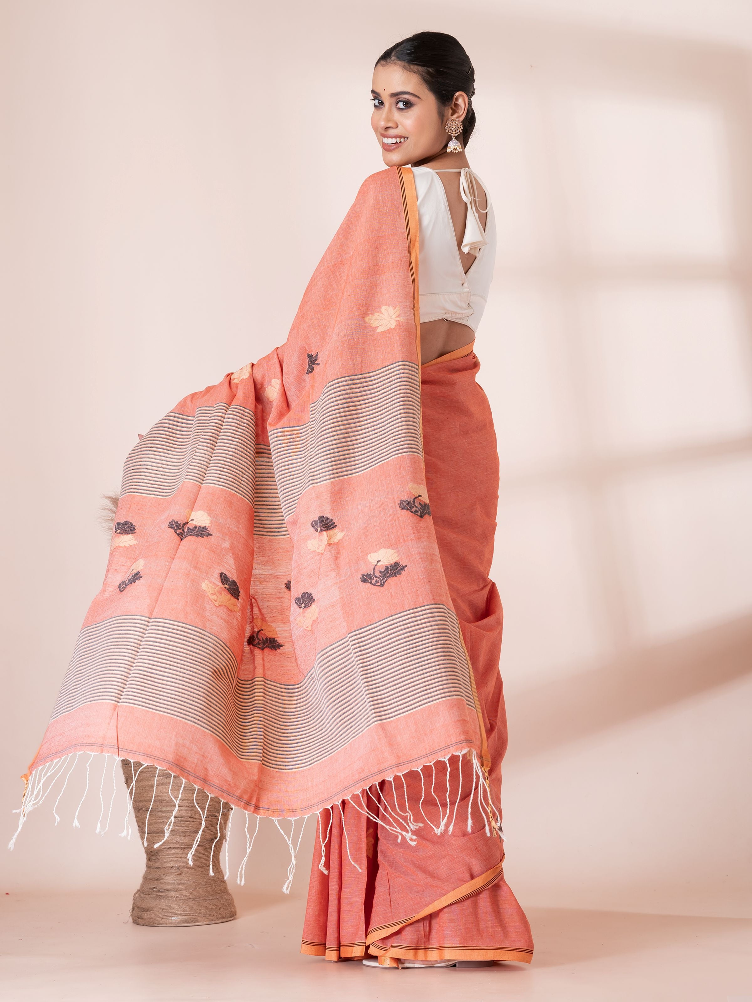 Peach Jamdani Handloom Premium Cotton Saree