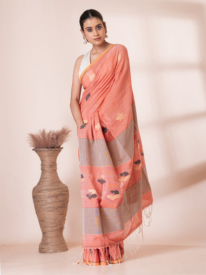 Peach Jamdani Handloom Premium Cotton Saree