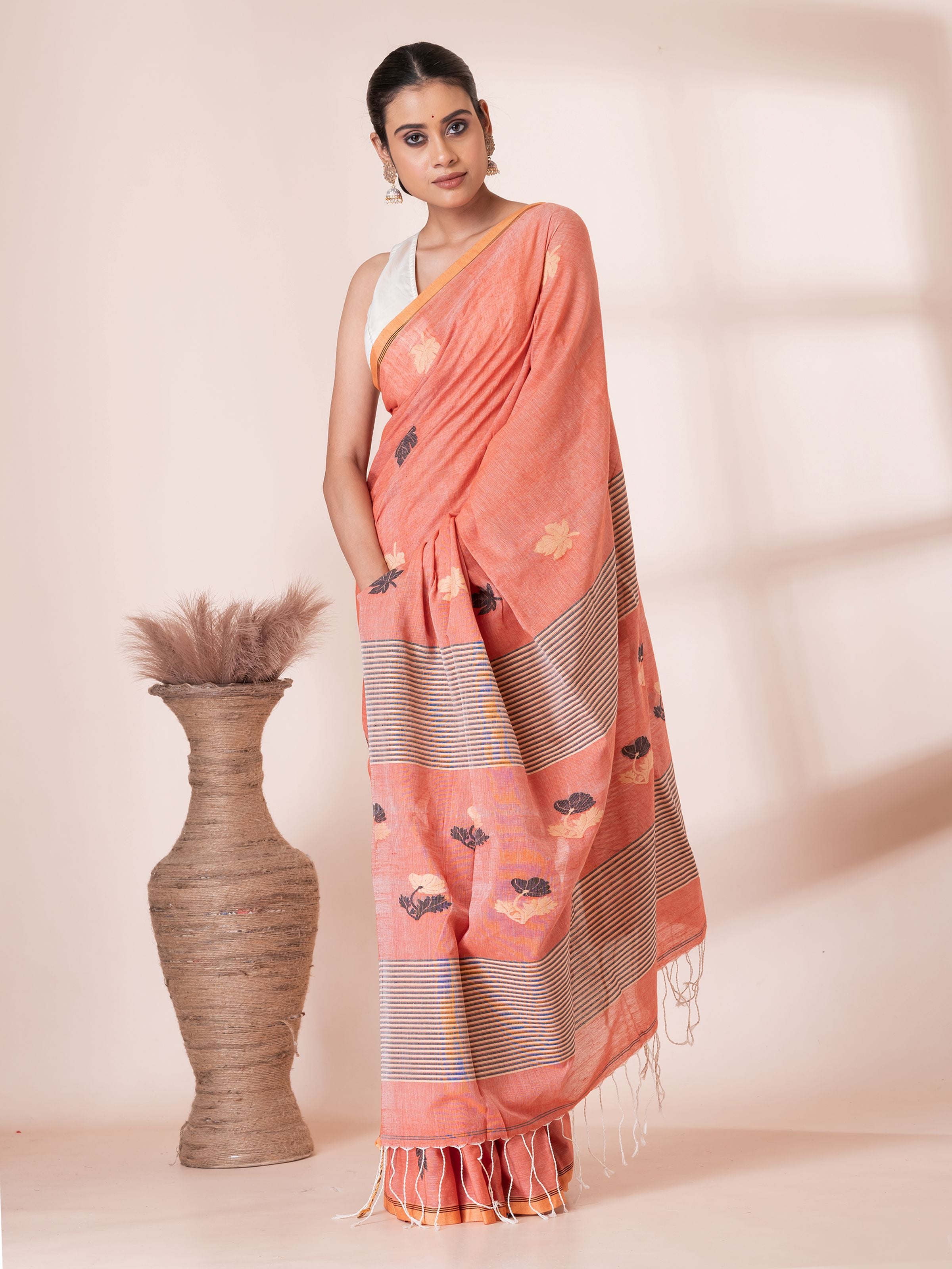 Peach Jamdani Handloom Premium Cotton Saree