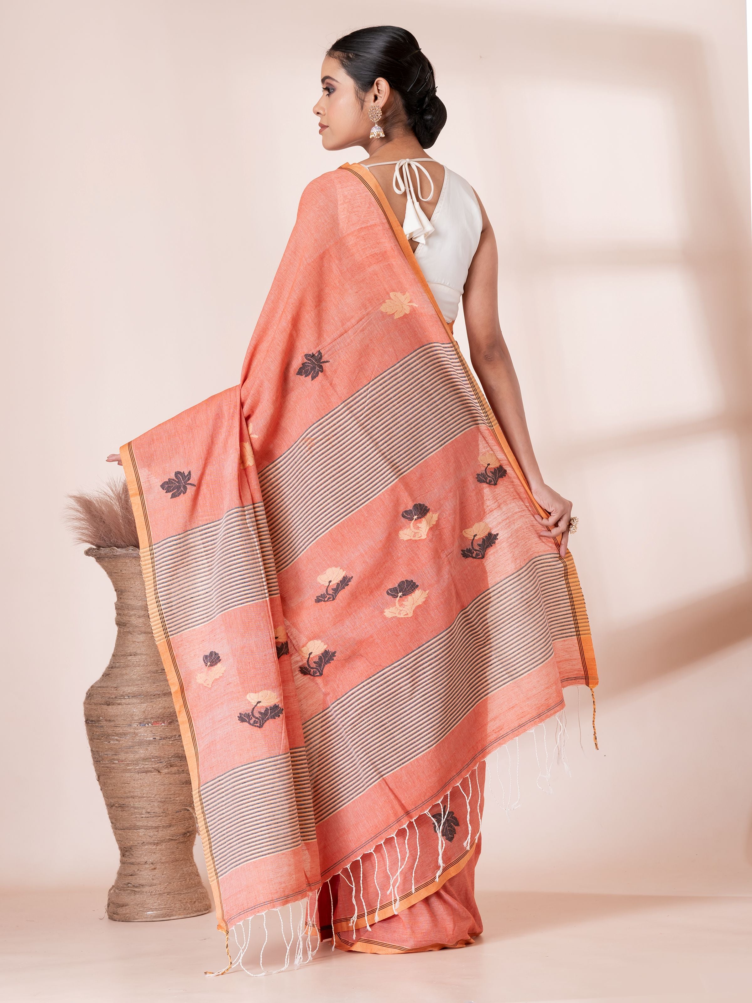 Peach Jamdani Handloom Premium Cotton Saree