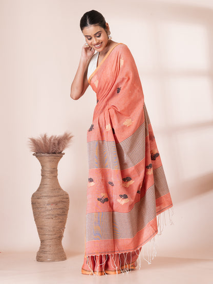 Peach Jamdani Handloom Premium Cotton Saree