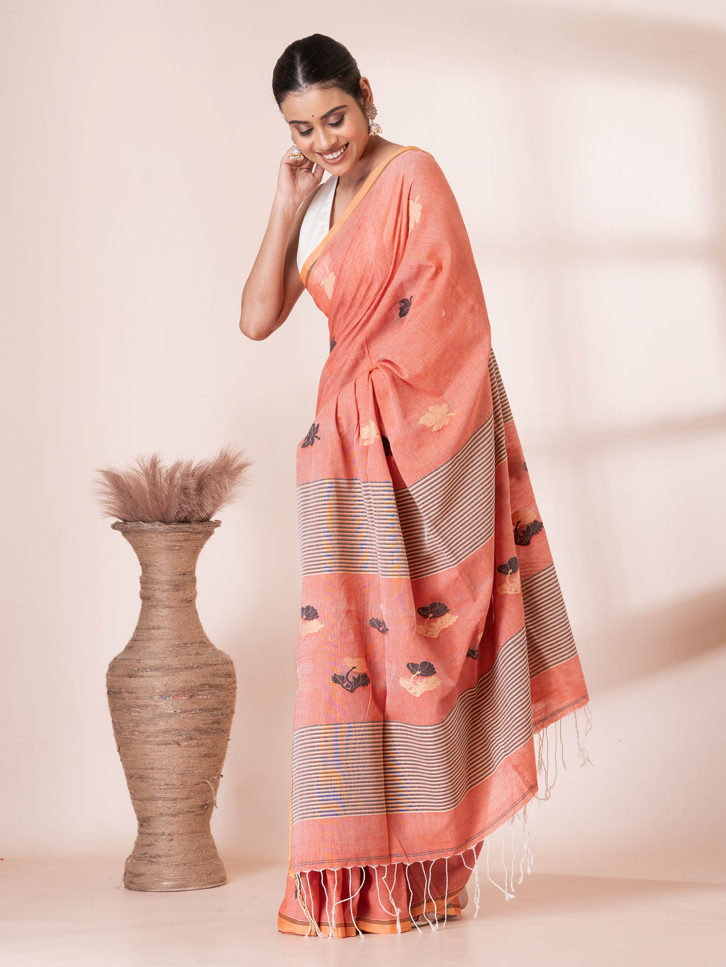 Peach Jamdani Handloom Premium Cotton Saree