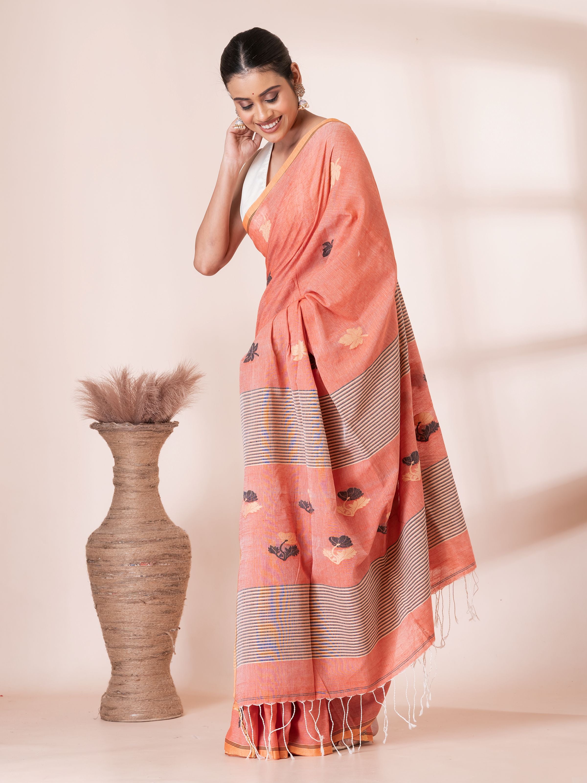 Peach Jamdani Handloom Premium Cotton Saree