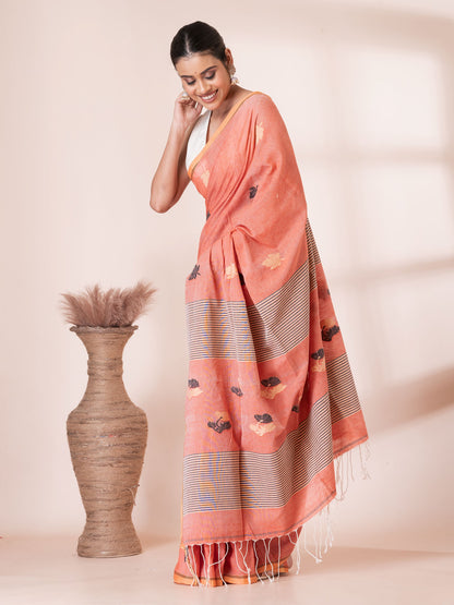 Peach Jamdani Handloom Premium Cotton Saree