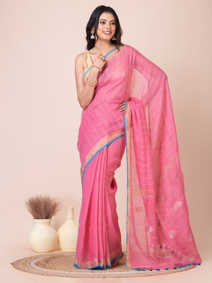 Pink Linen Heart Motif Handloom Saree