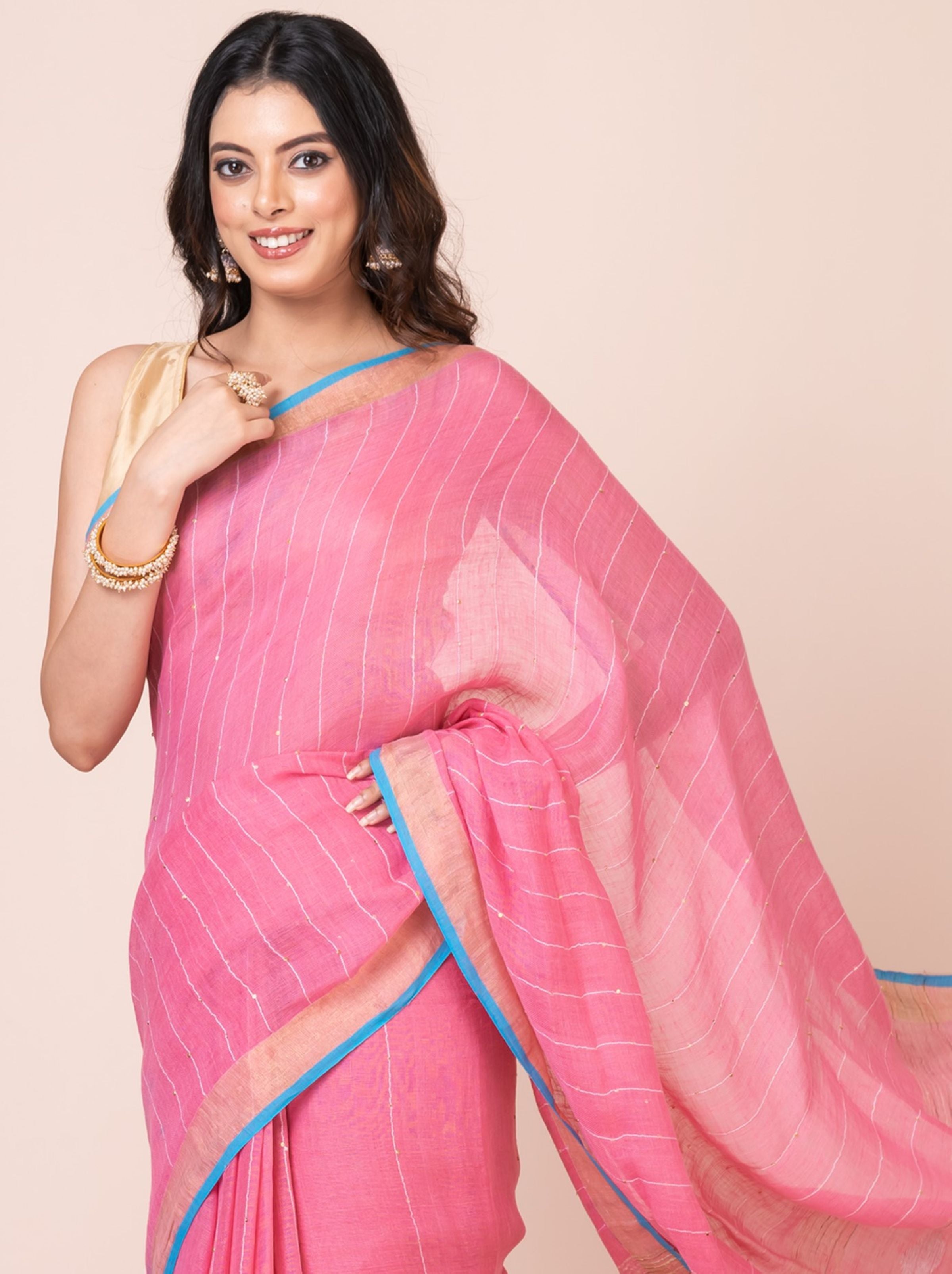 Pink Linen Heart Motif Handloom Saree