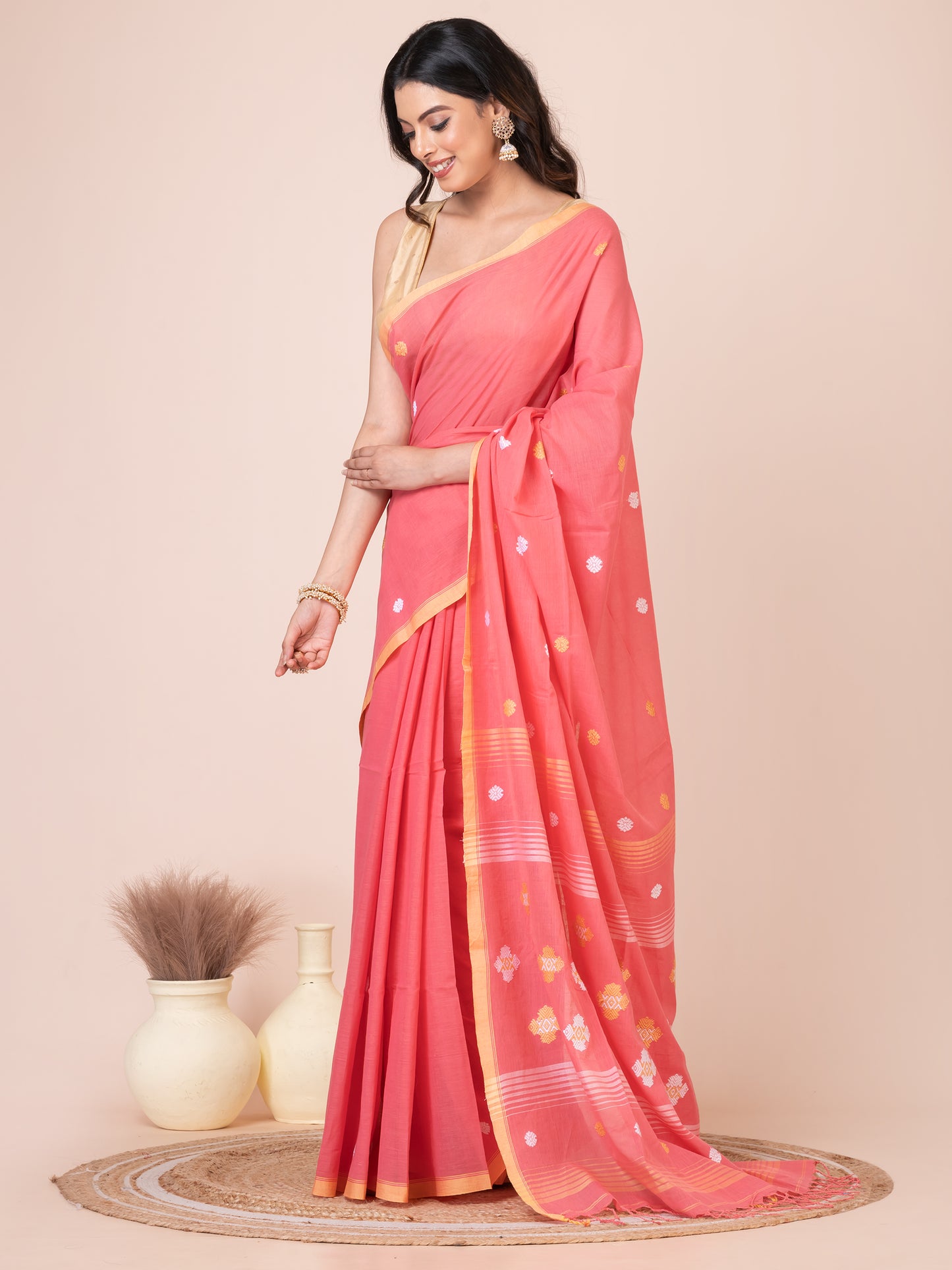 Premium Reddish Pink Handloom Mercerized Cotton Saree