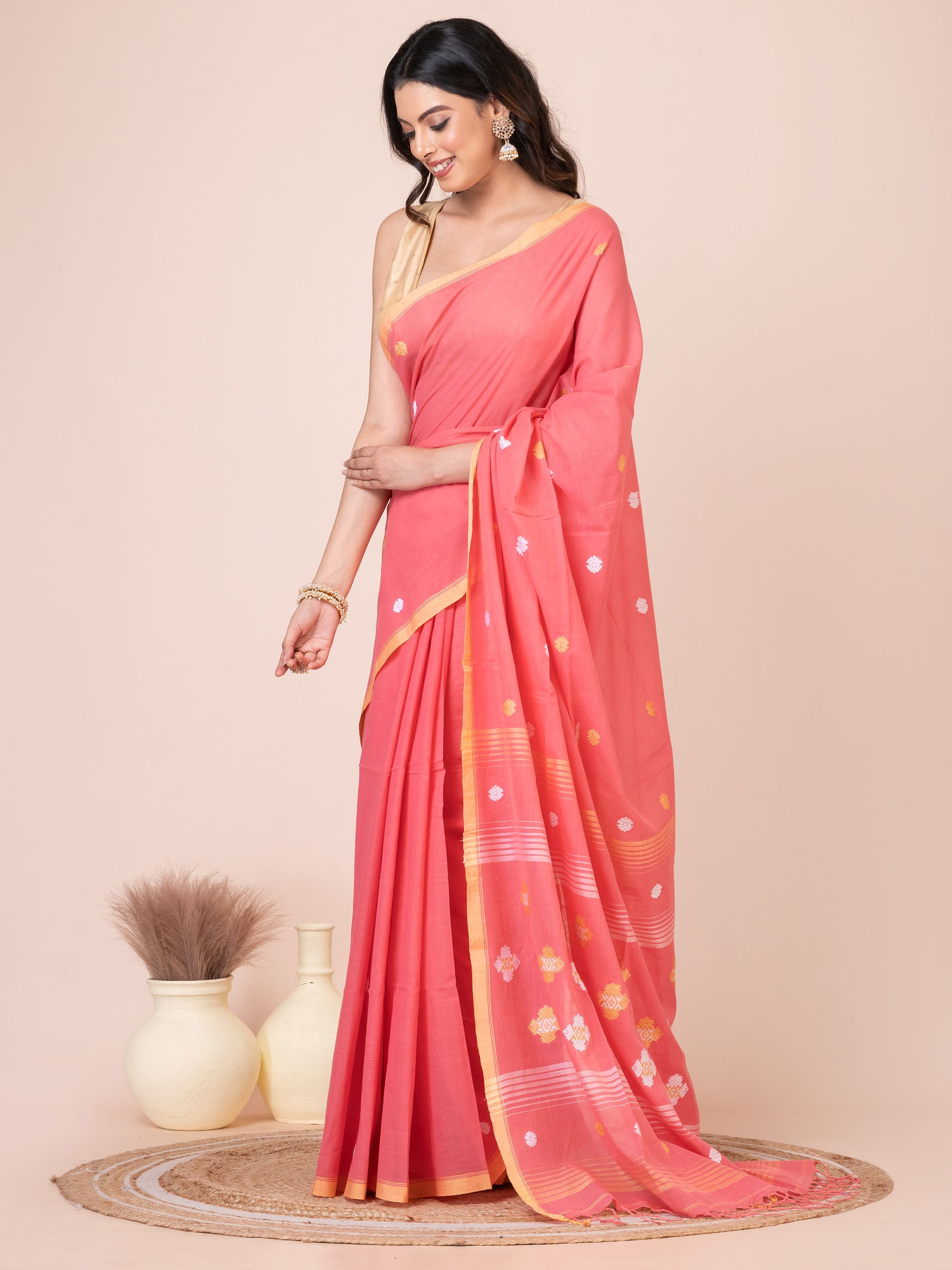 Premium Reddish Pink Handloom Mercerized Cotton Saree