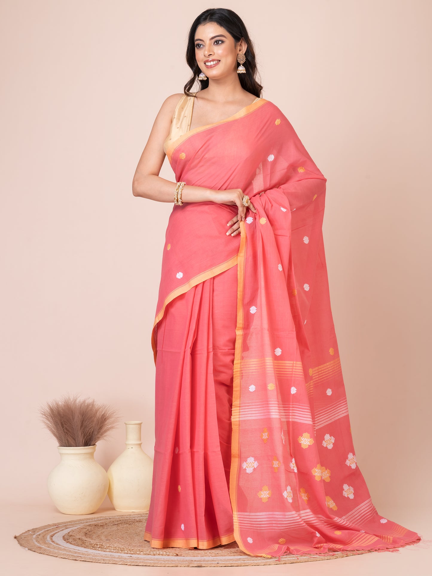 Premium Reddish Pink Handloom Mercerized Cotton Saree