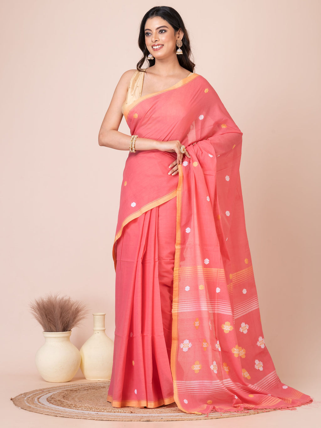 Premium Reddish Pink Handloom Mercerized Cotton Saree