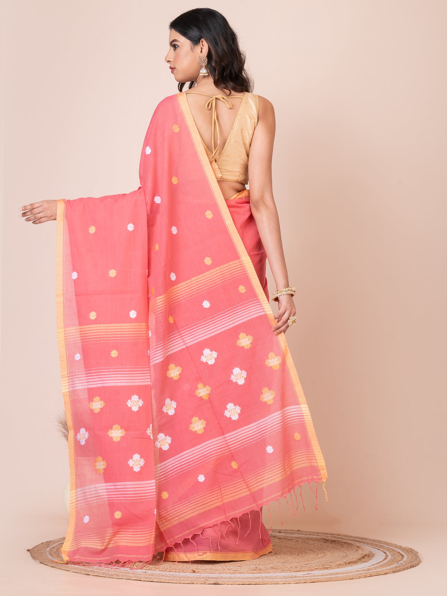 Premium Reddish Pink Handloom Mercerized Cotton Saree