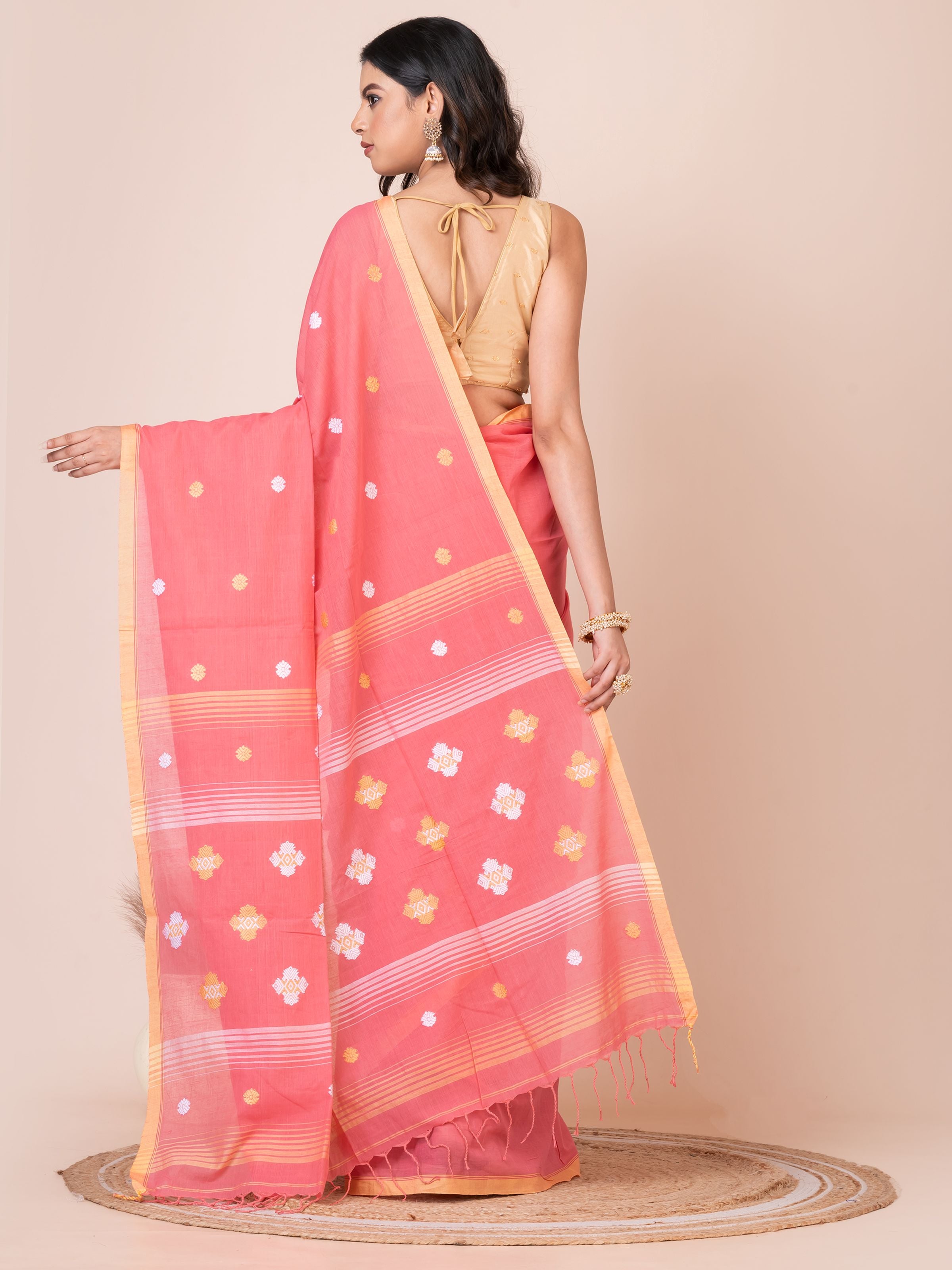 Premium Reddish Pink Handloom Mercerized Cotton Saree