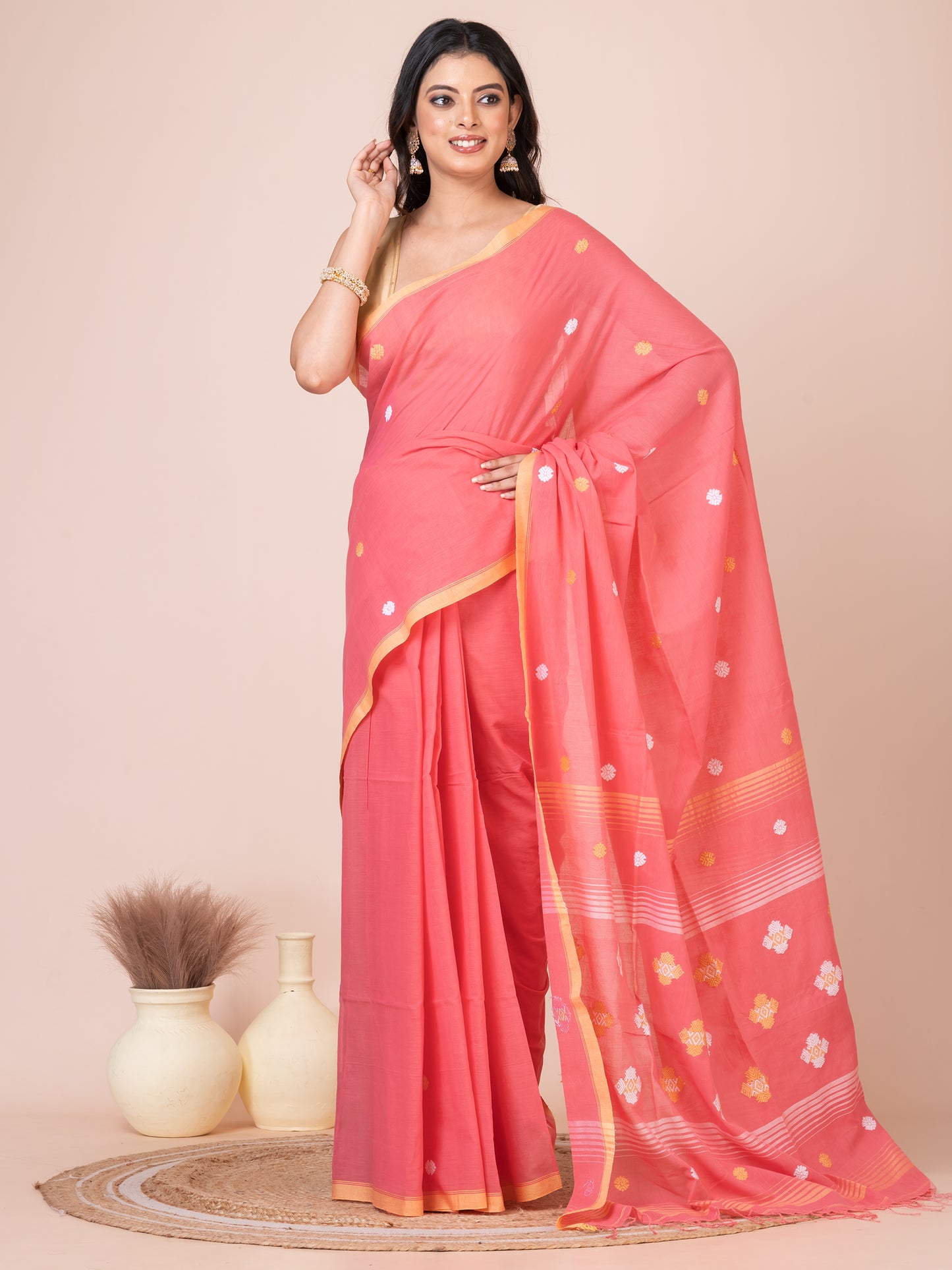 Premium Reddish Pink Handloom Mercerized Cotton Saree