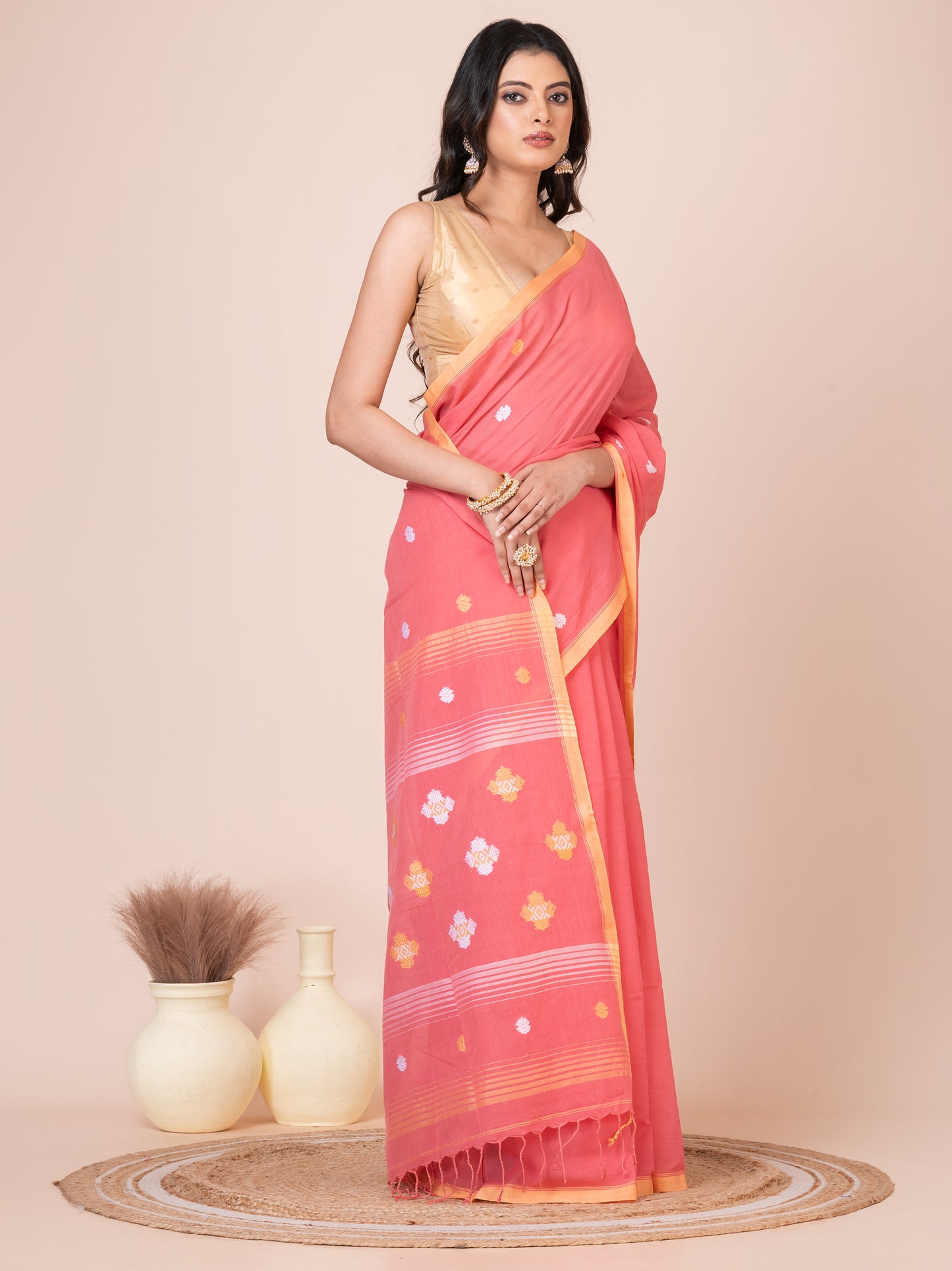 Premium Reddish Pink Handloom Mercerized Cotton Saree