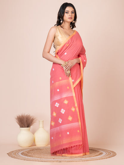Premium Reddish Pink Handloom Mercerized Cotton Saree