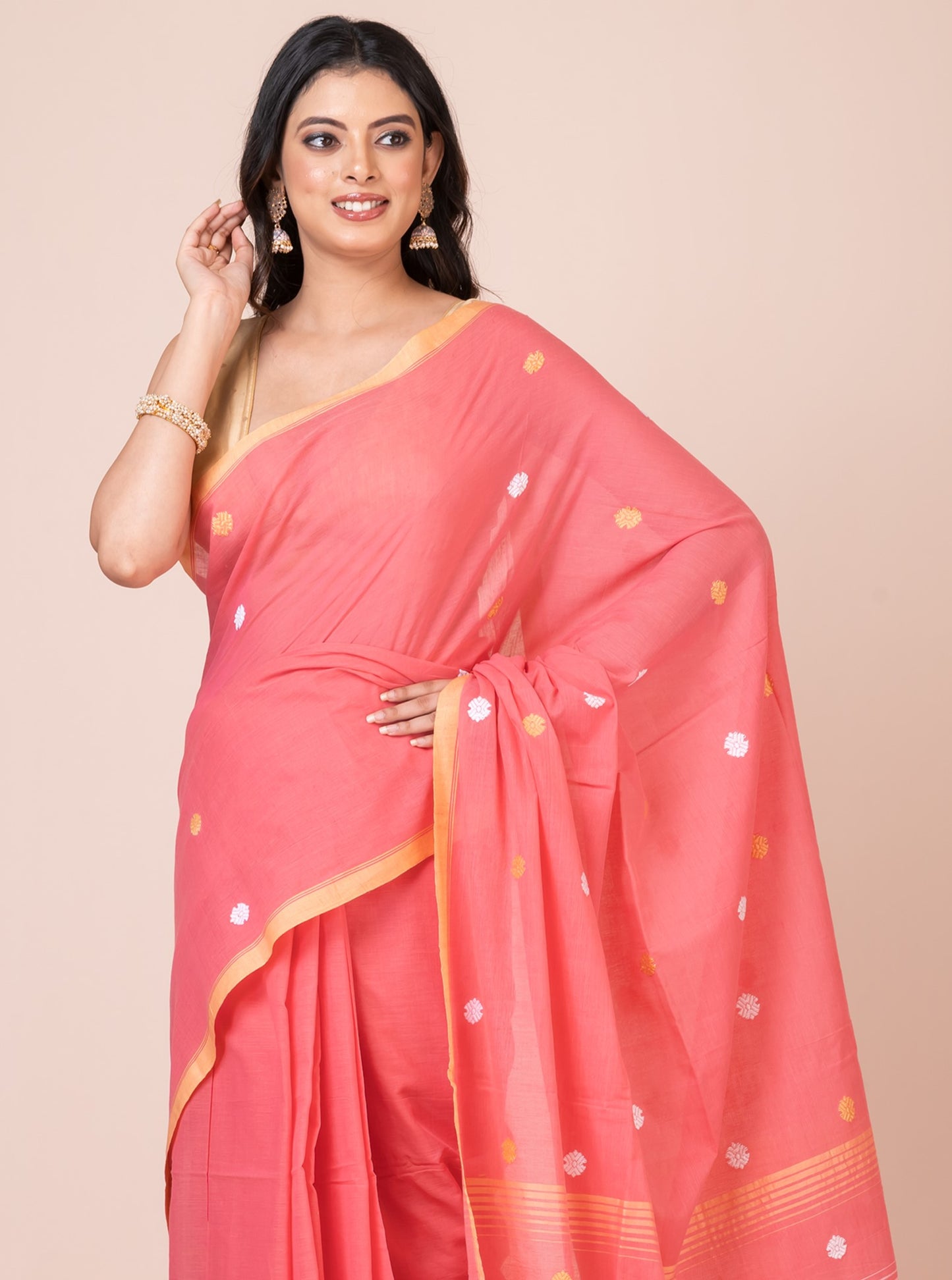 Premium Reddish Pink Handloom Mercerized Cotton Saree