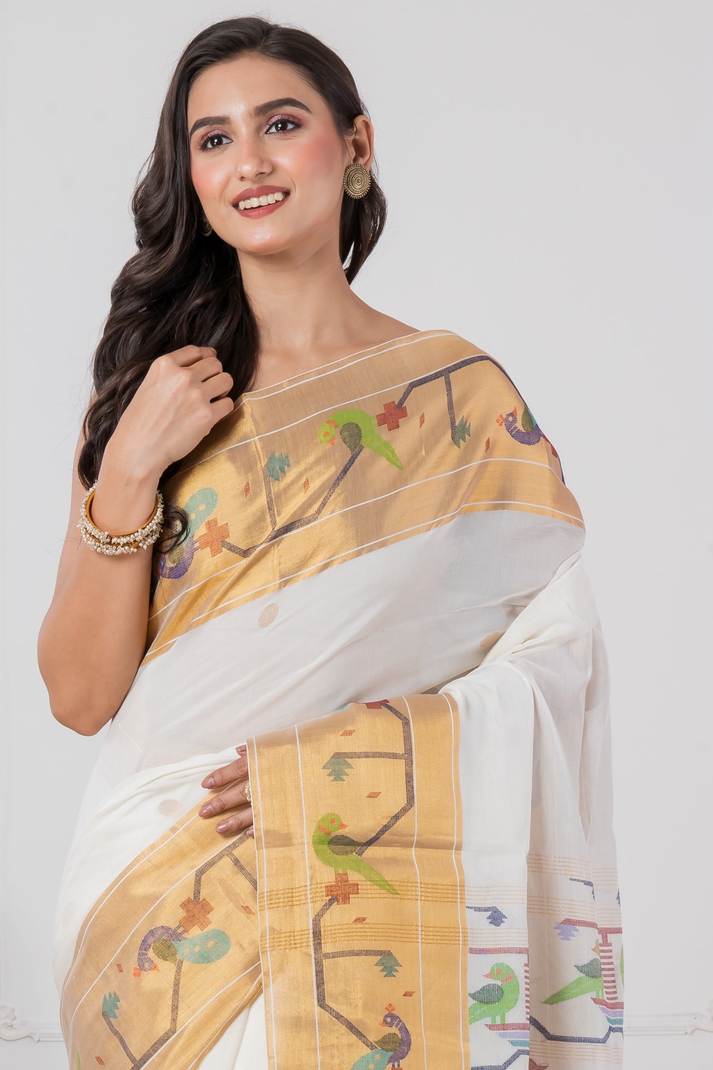 Premium Cotton White Paithani Saree