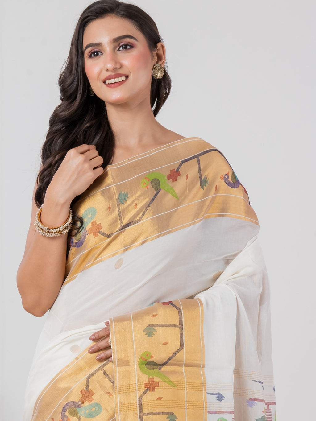 Premium Cotton White Paithani Saree