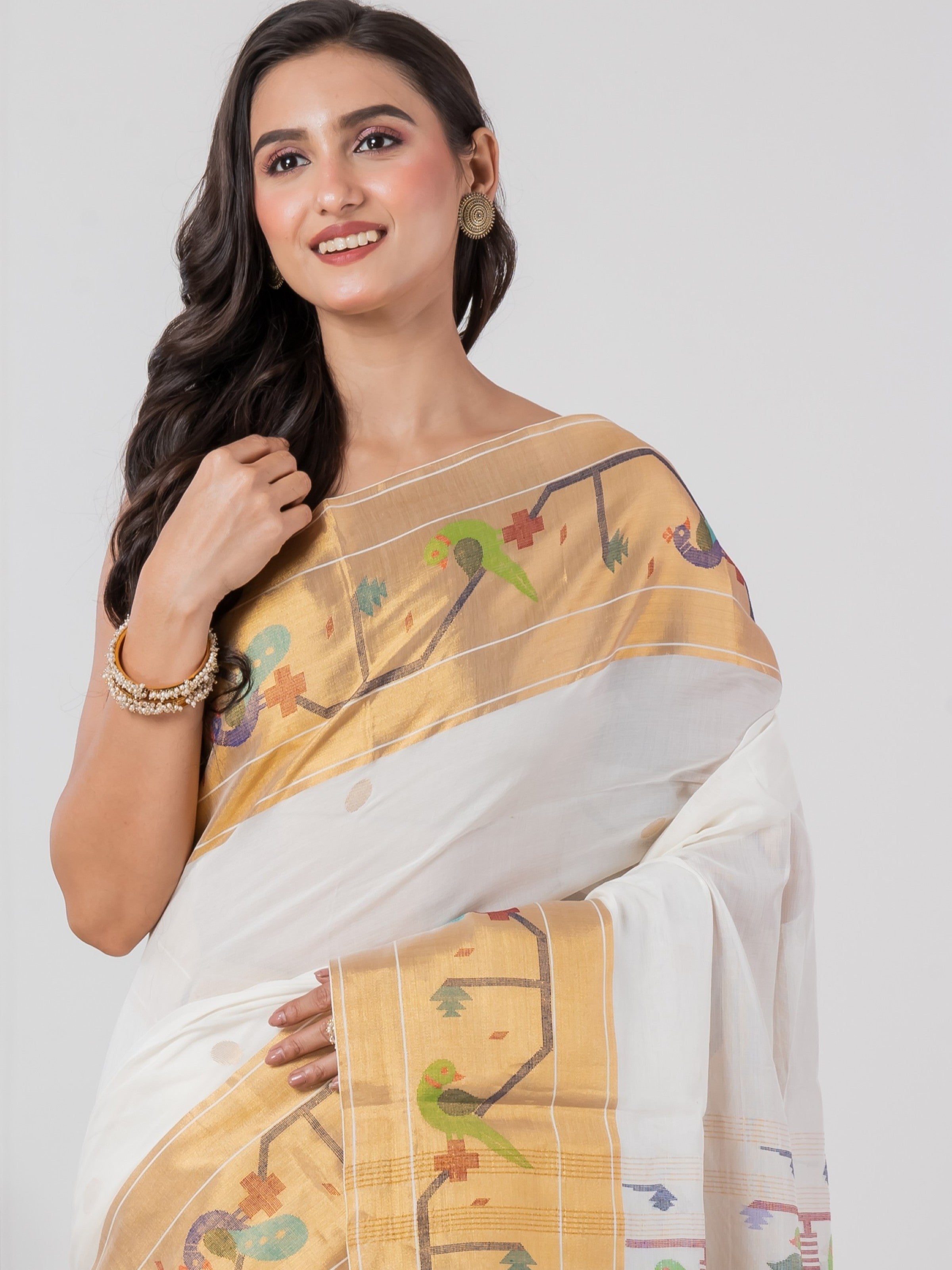 Premium Cotton White Paithani Saree