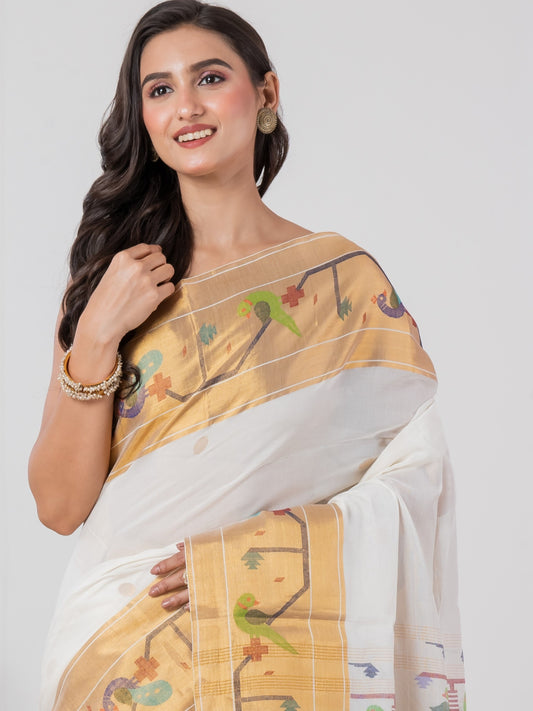 Premium Cotton White Paithani Saree