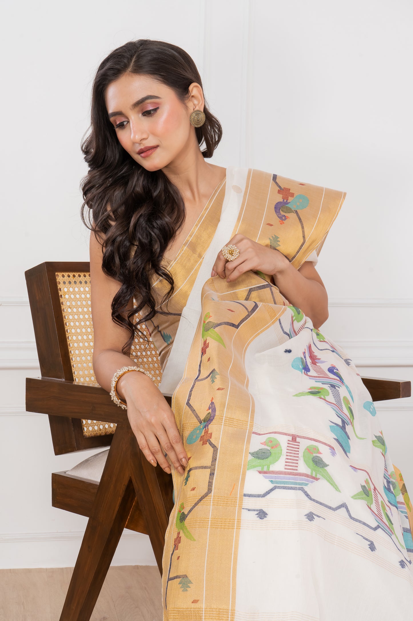 Premium Cotton White Paithani Saree