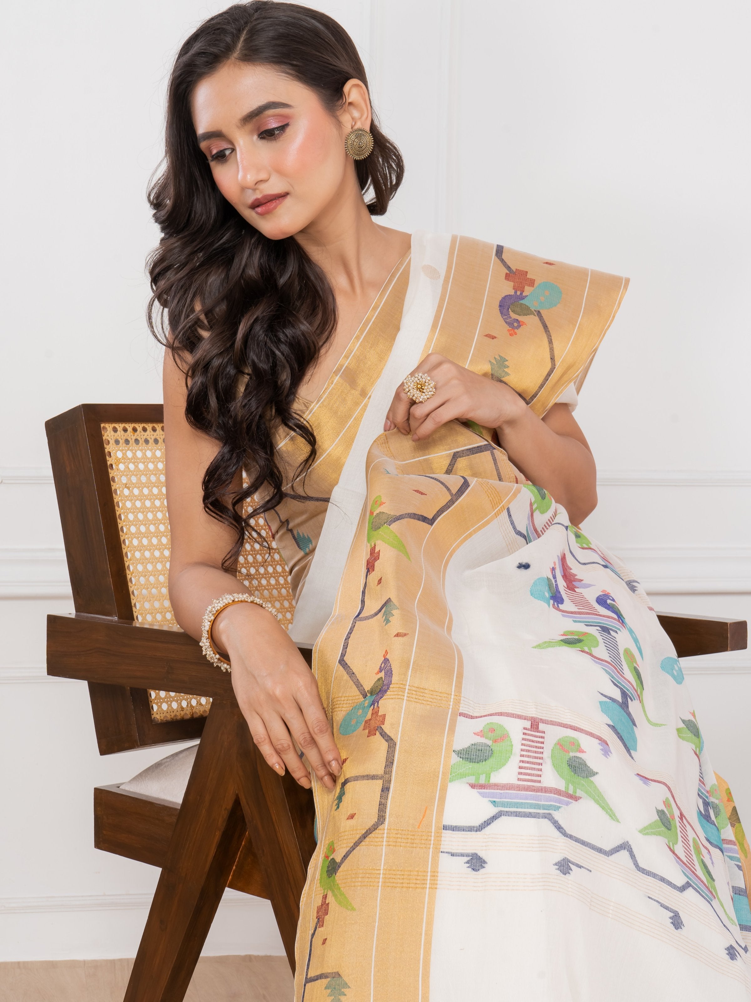 Premium Cotton White Paithani Saree