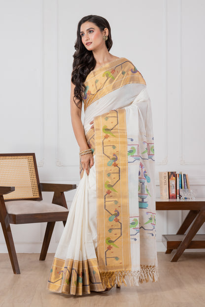 Premium Cotton White Paithani Saree