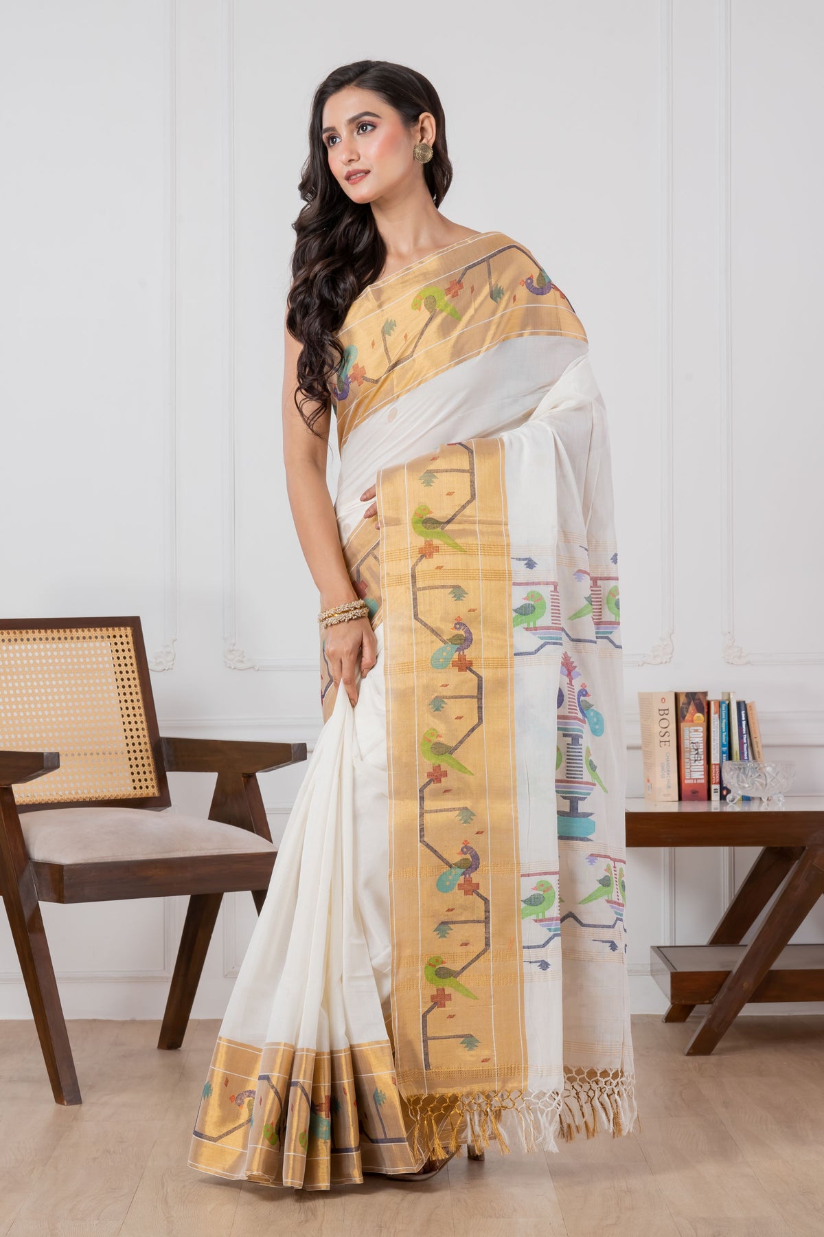 Premium Cotton White Paithani Saree