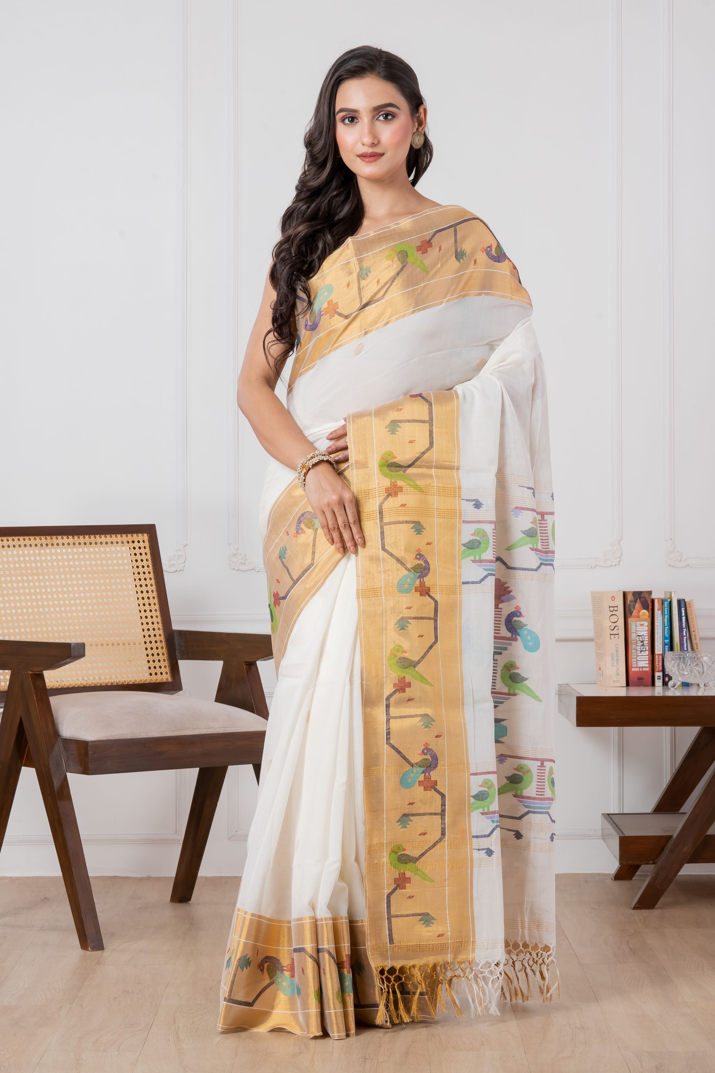 Premium Cotton White Paithani Saree