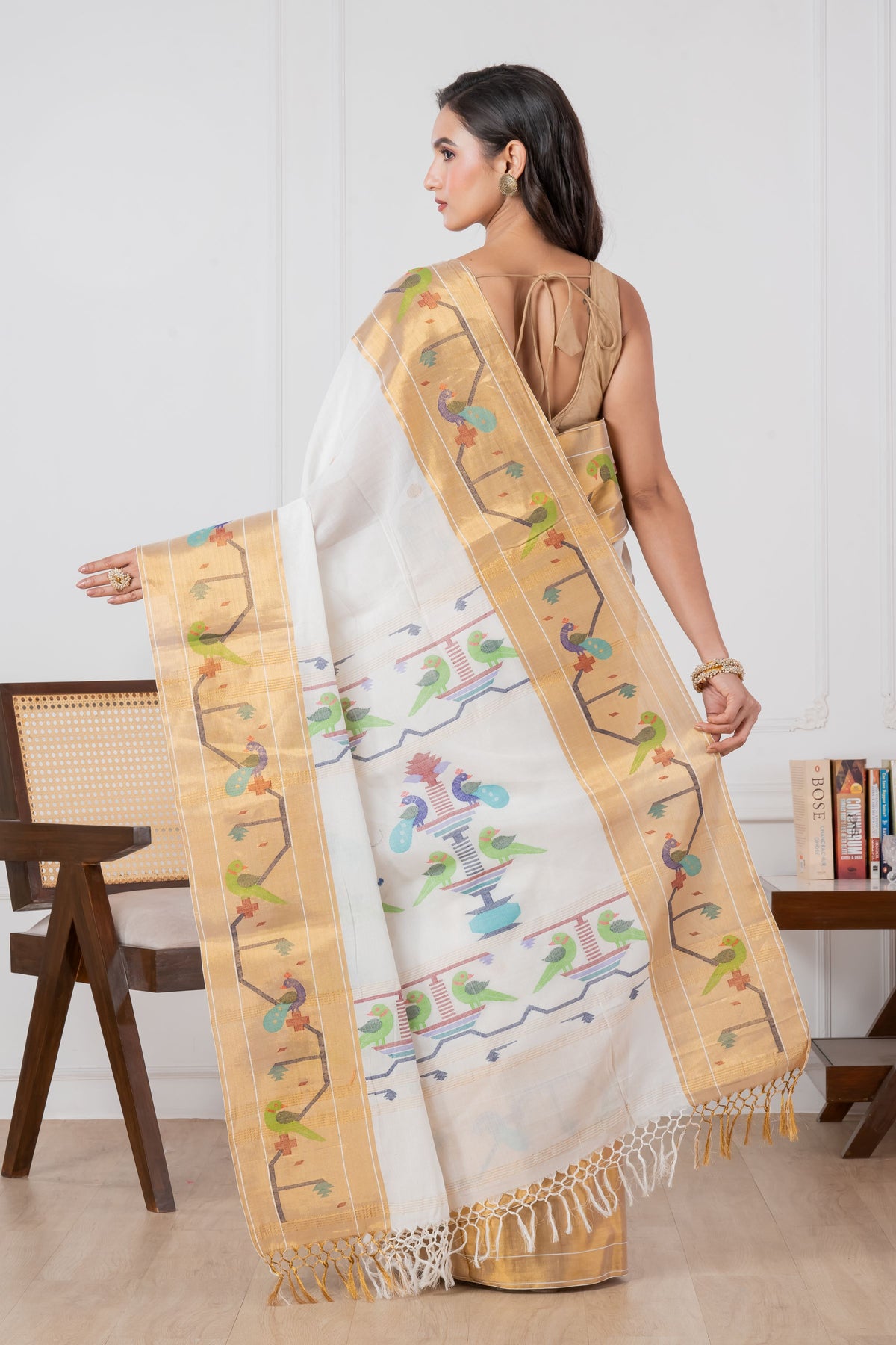 Premium Cotton White Paithani Saree