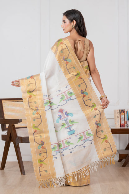Premium Cotton White Paithani Saree