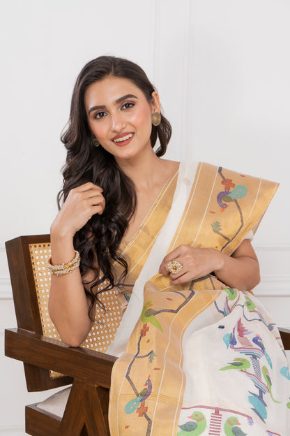 Premium Cotton White Paithani Saree