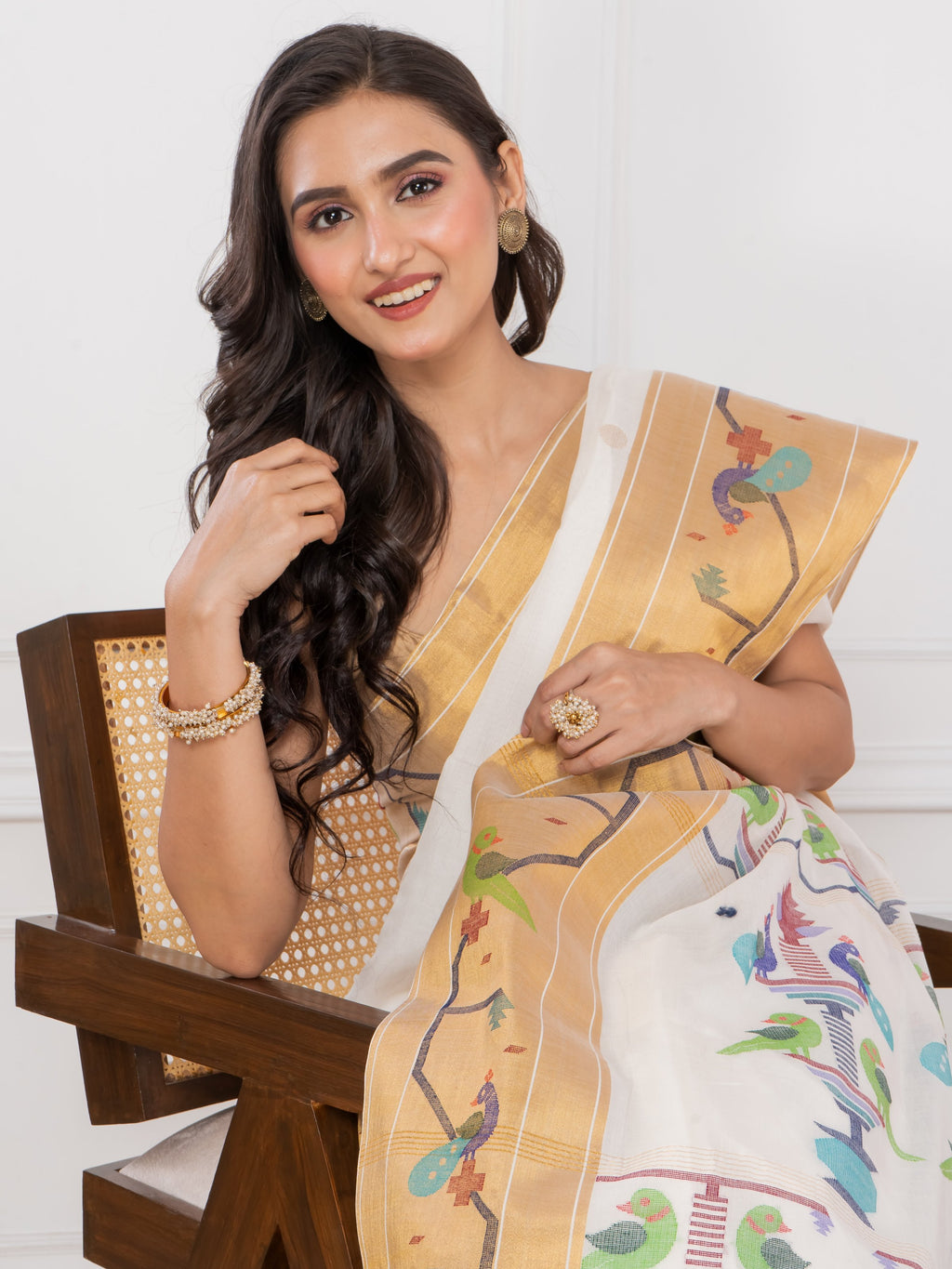 Premium Cotton White Paithani Saree