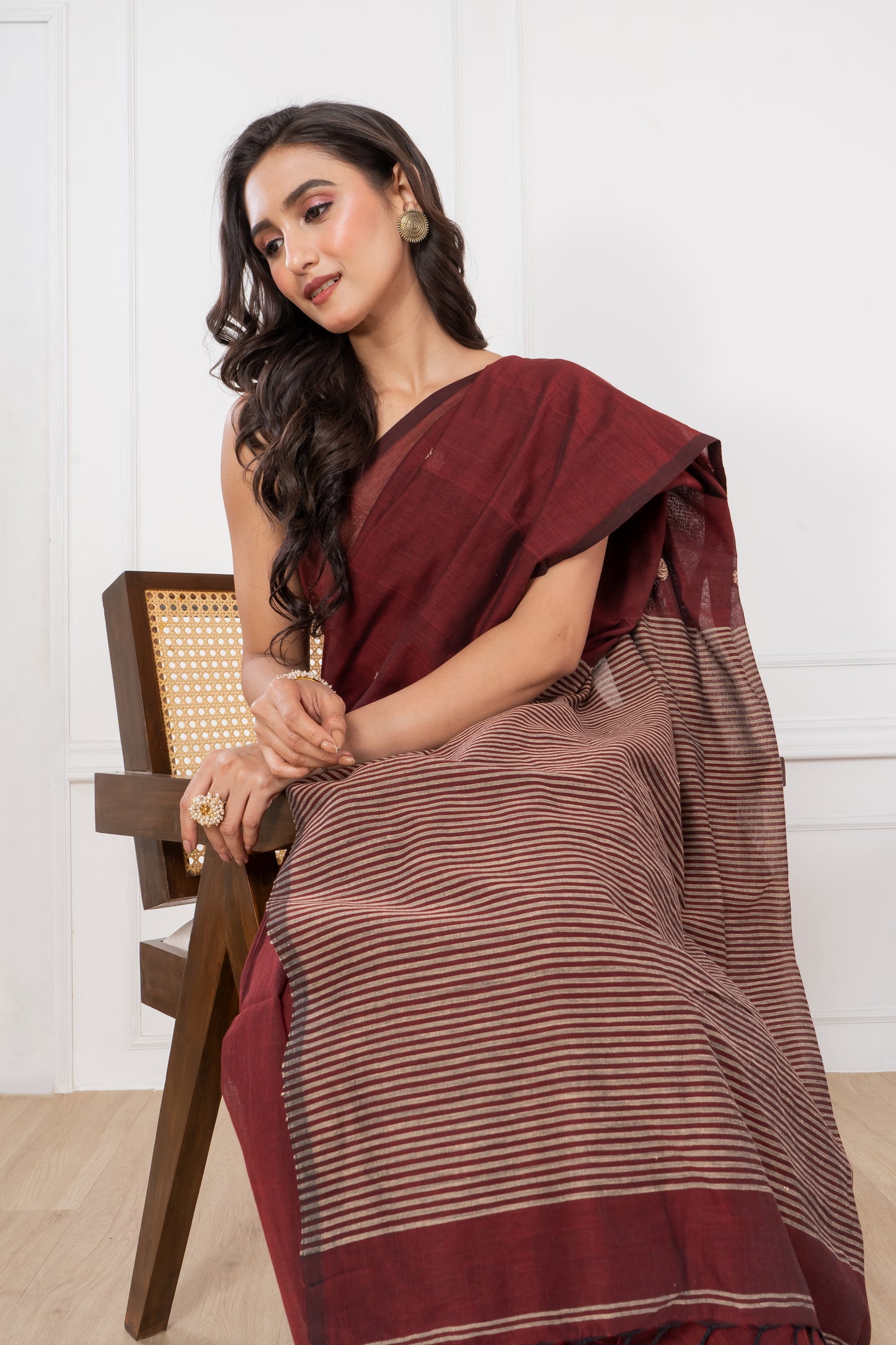 Premium Handloom Burgundy & Cream Cotton Saree