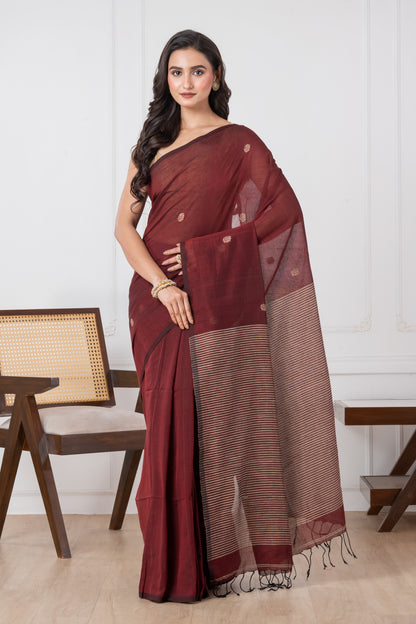 Premium Handloom Burgundy & Cream Cotton Saree