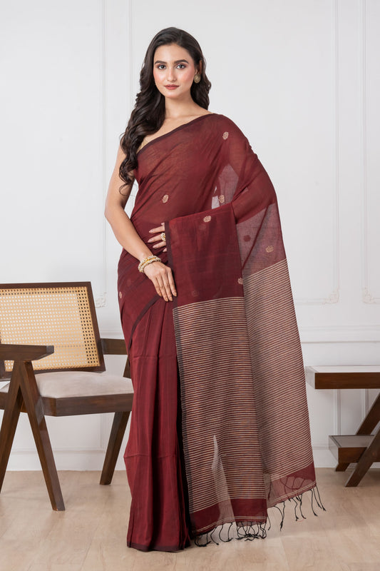 Premium Handloom Burgundy & Cream Cotton Saree