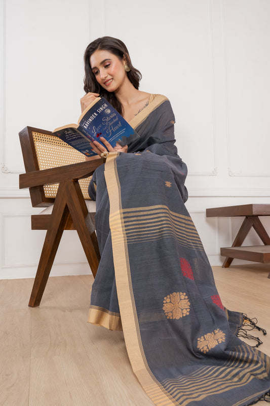 Premium Handloom Gray, Red & Yellow Cotton Saree