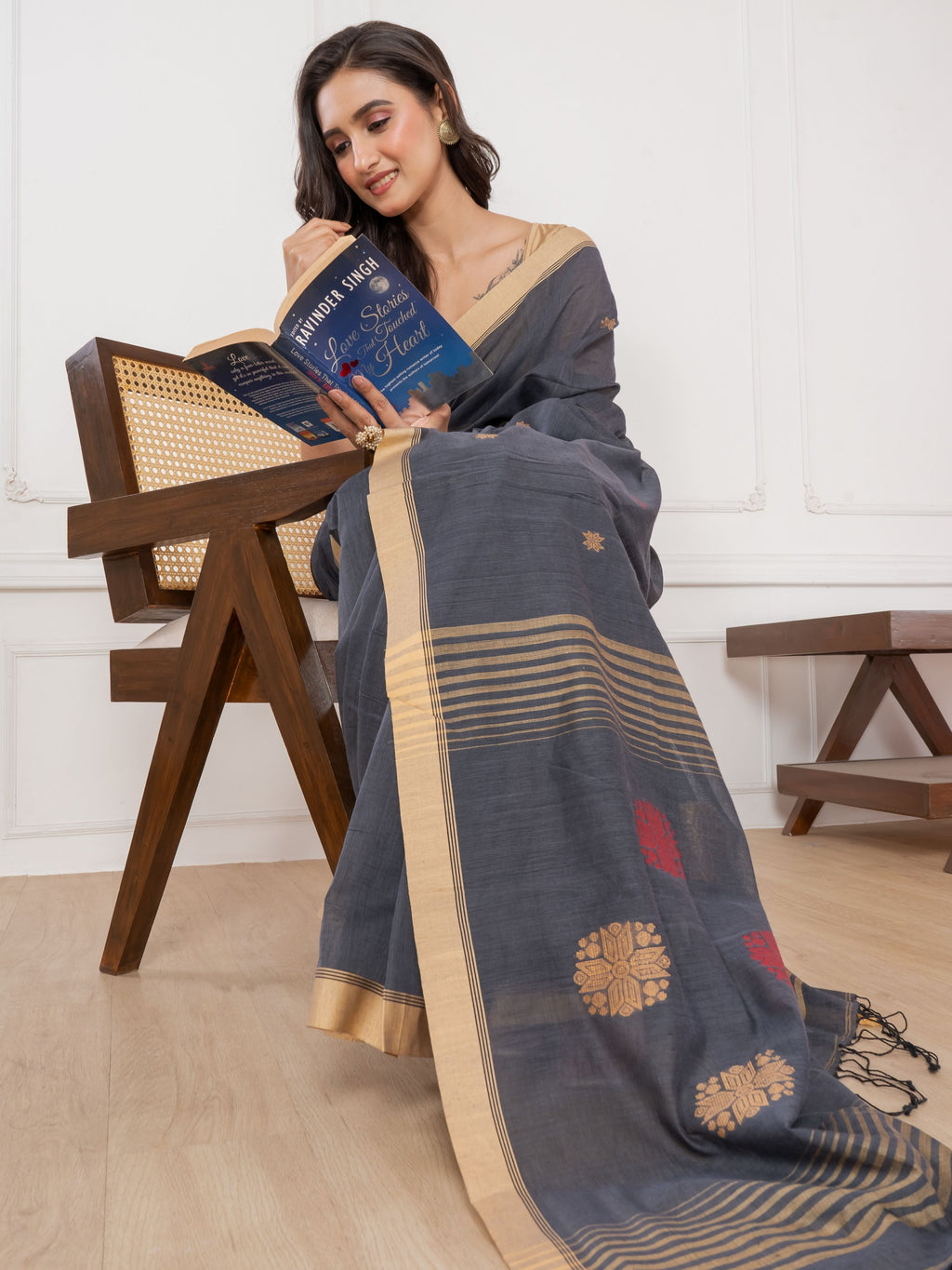 Premium Handloom Gray, Red & Yellow Cotton Saree