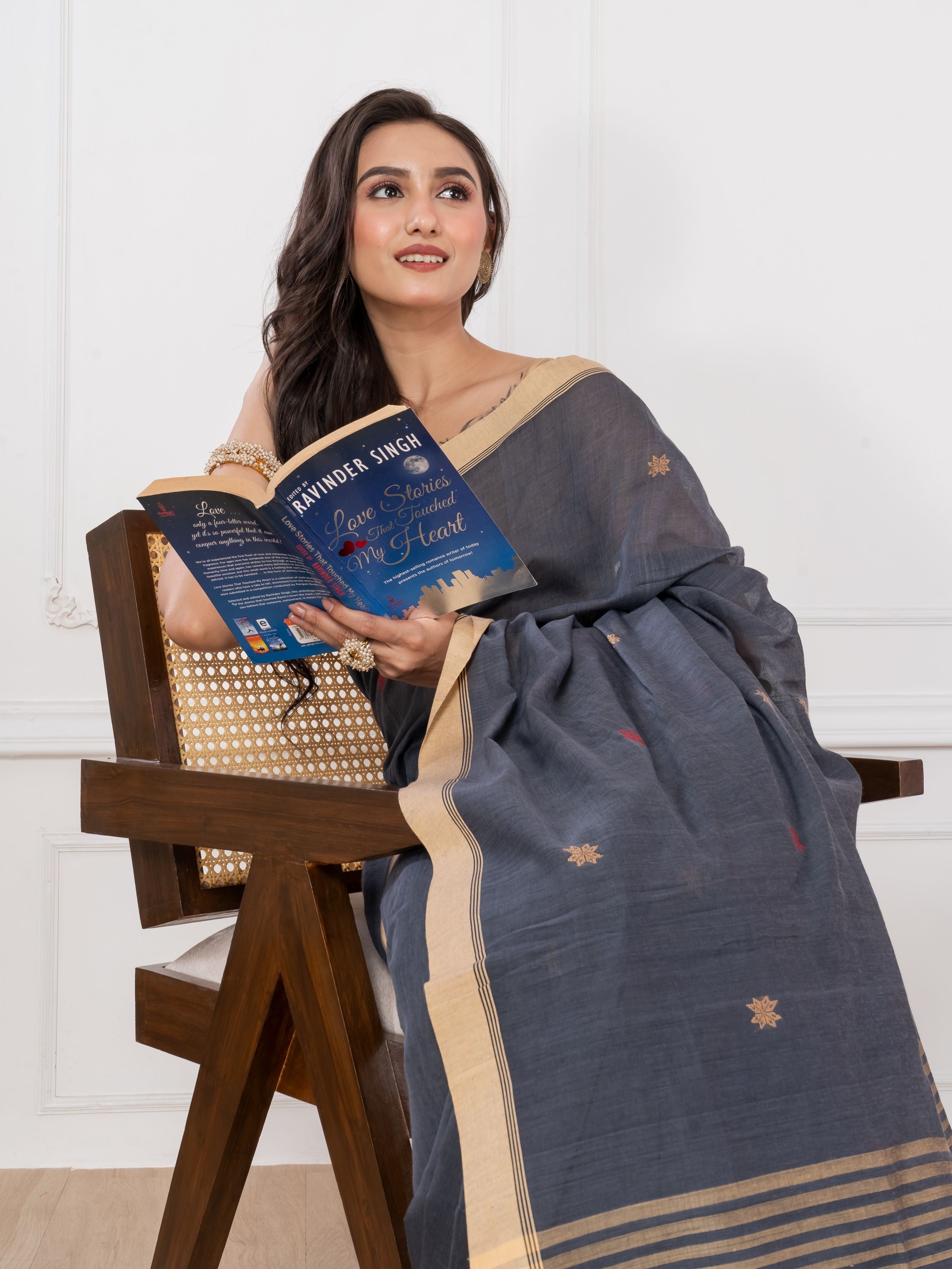 Premium Handloom Gray, Red & Yellow Cotton Saree